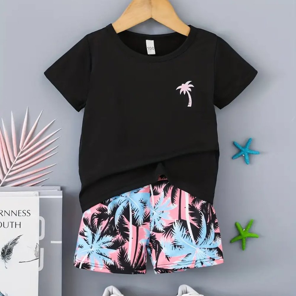 Toddler Boys Coconut Tree Graphic T-Shirts Casual Round Neck Tees Top & Elastic